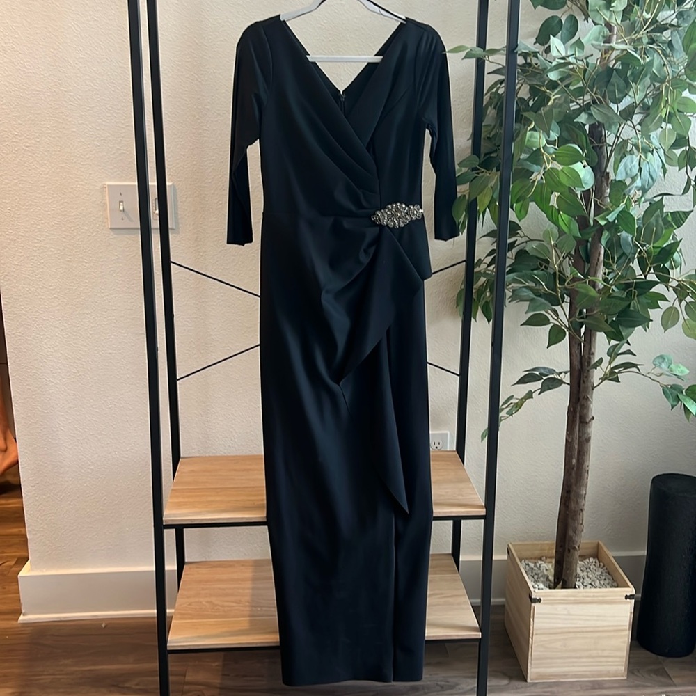 Sheath Compression Dress with Surplice Neckline & Cascade Ruffle Skirt